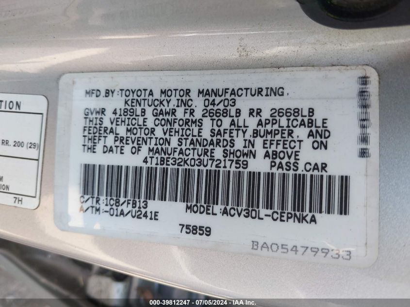 2003 Toyota Camry Le VIN: 4T1BE32K03U721759 Lot: 39812247