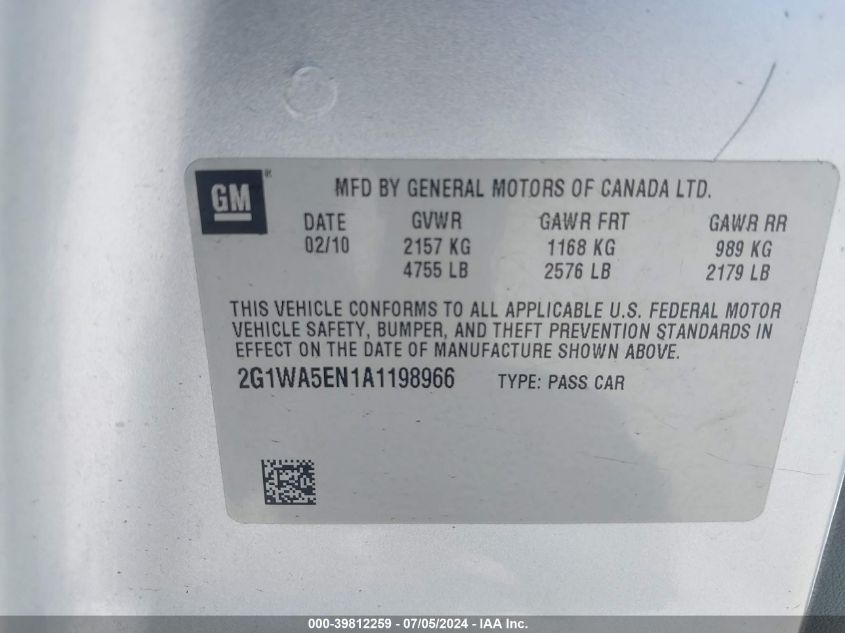 2010 Chevrolet Impala Ls VIN: 2G1WA5EN1A1198966 Lot: 39812259