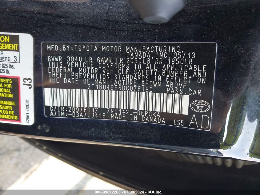 2T1BU4EE6DC078190 | 2013 TOYOTA COROLLA