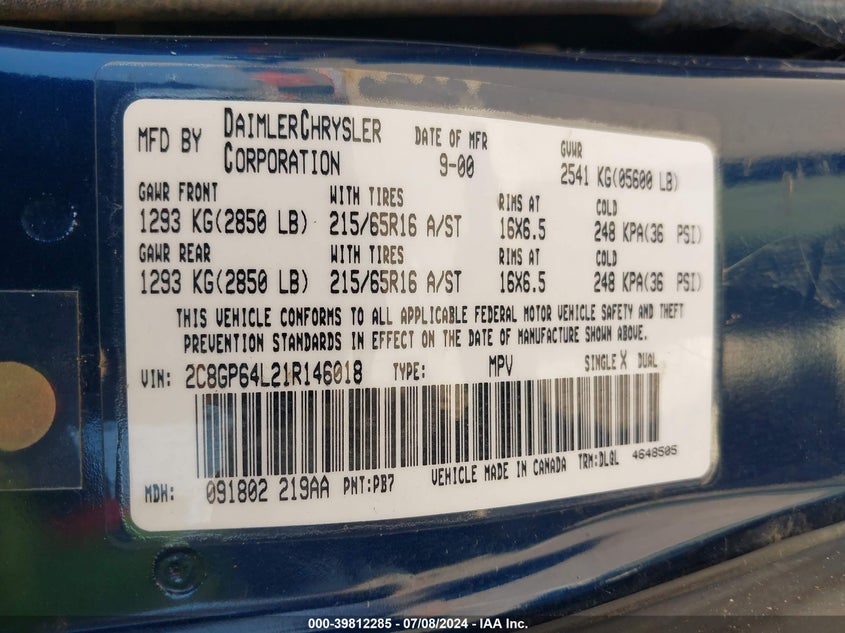 2001 Chrysler Town & Country Limited VIN: 2C8GP64L21R146018 Lot: 39812285