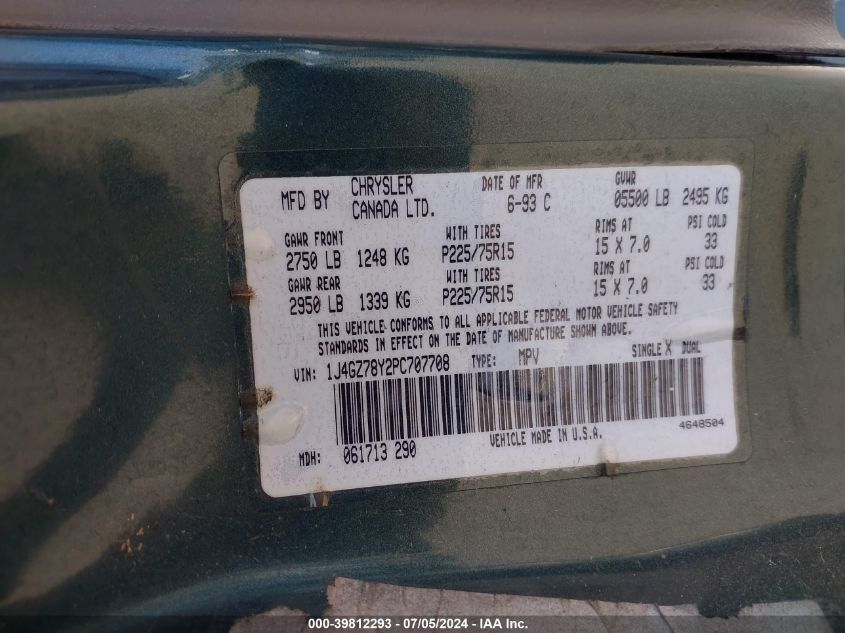 1993 Jeep Grand Cherokee Limited VIN: 1J4GZ78Y2PC707708 Lot: 39812293