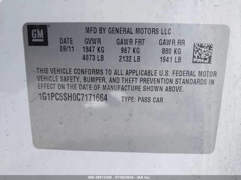 2012 Chevrolet Cruze Ls VIN: 1G1PC5SH0C7171664 Lot: 39812308