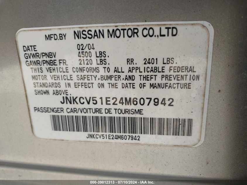 2004 Infiniti G35 VIN: JNKCV51E24M607942 Lot: 39812313