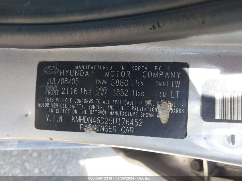 2005 Hyundai Elantra Gls/Gt VIN: KMHDN46D25U176452 Lot: 39812318