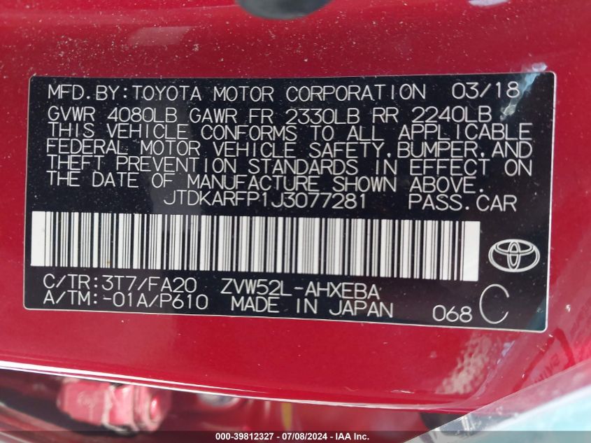 2018 Toyota Prius Prime Plus VIN: JTDKARFP1J3077281 Lot: 39812327