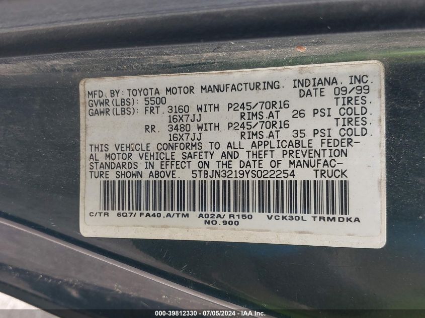 2000 Toyota Tundra VIN: 5TBJN3219YS022254 Lot: 39812330
