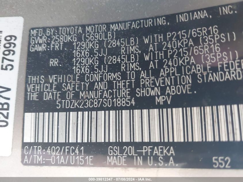 2007 Toyota Sienna Le VIN: 5TDZK23C87S018854 Lot: 39812347