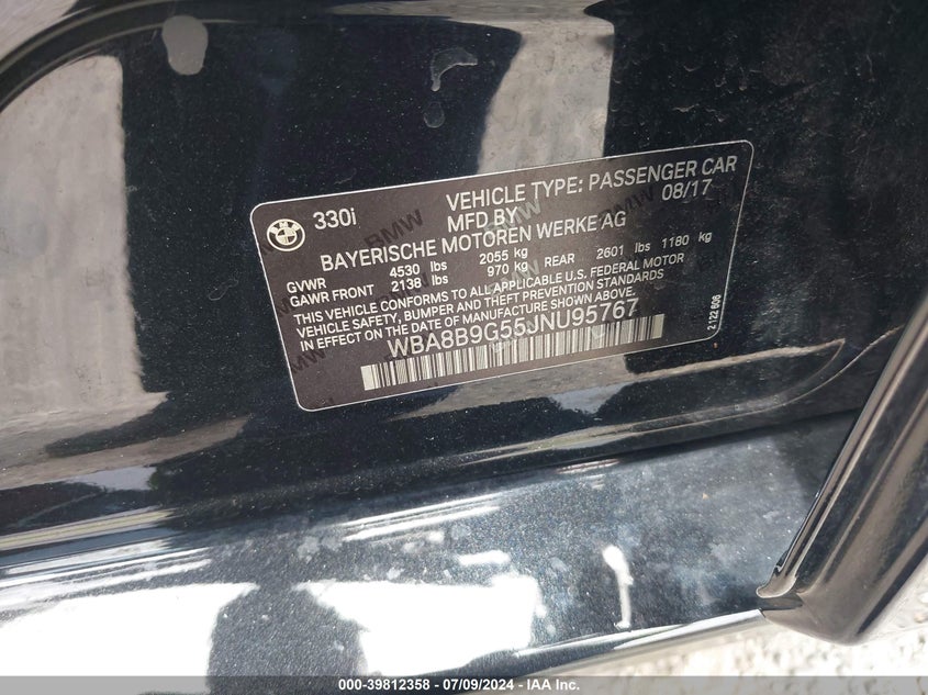 2018 BMW 330I VIN: WBA8B9G55JNU95767