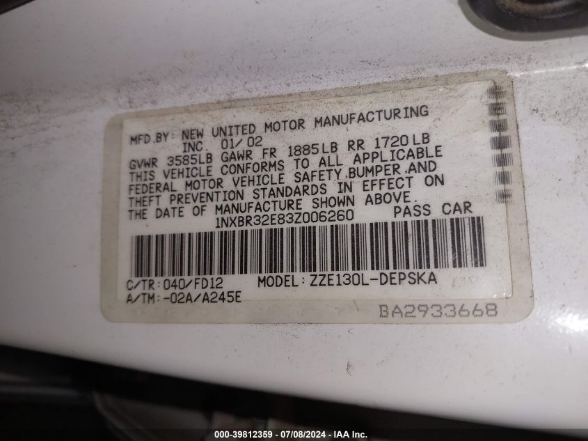 2003 Toyota Corolla S VIN: 1NXBR32E83Z006260 Lot: 39812359