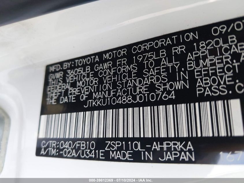 2008 Scion Xd VIN: JTKKU10488J010764 Lot: 39812369