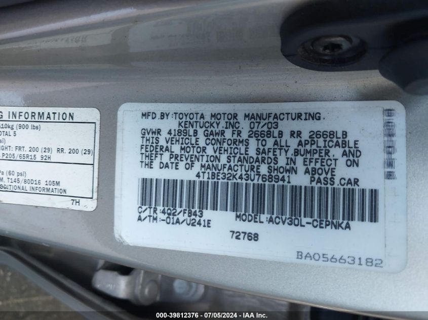 2003 Toyota Camry Le VIN: 4T1BE32K43U768941 Lot: 39812376