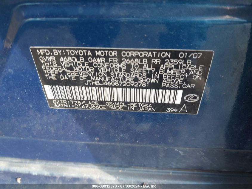 2007 Lexus Es 350 350 VIN: JTHBJ46G872092781 Lot: 39812378