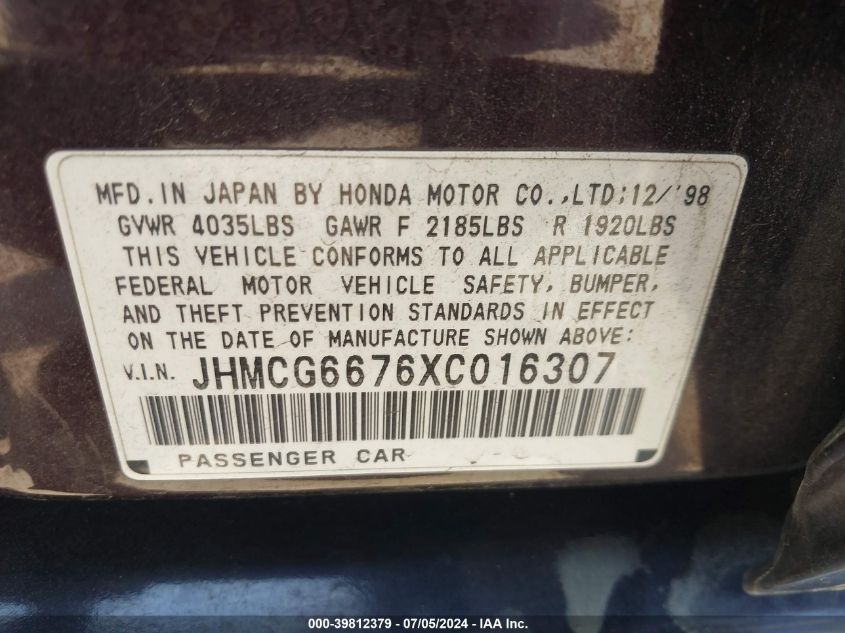 1999 Honda Accord Ex VIN: JHMCG6676XC016307 Lot: 39812379