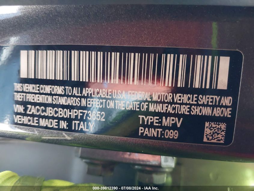 2017 Jeep Renegade Trailhawk 4X4 VIN: ZACCJBCB0HPF73652 Lot: 39812390