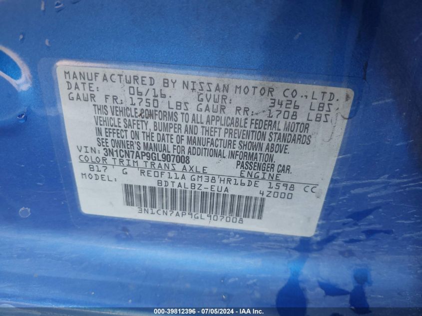 2016 Nissan Versa 1.6 Sv VIN: 3N1CN7AP9GL907008 Lot: 39812396