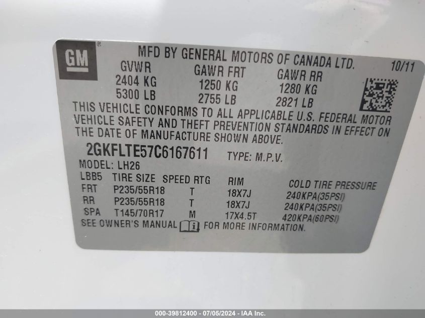 2012 GMC Terrain Sle-2 VIN: 2GKFLTE57C6167611 Lot: 39812400