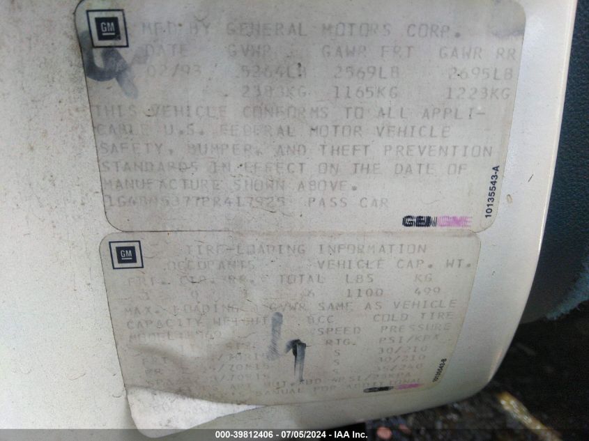 1993 Buick Roadmaster VIN: 1G4BN5377PR417925 Lot: 39812406