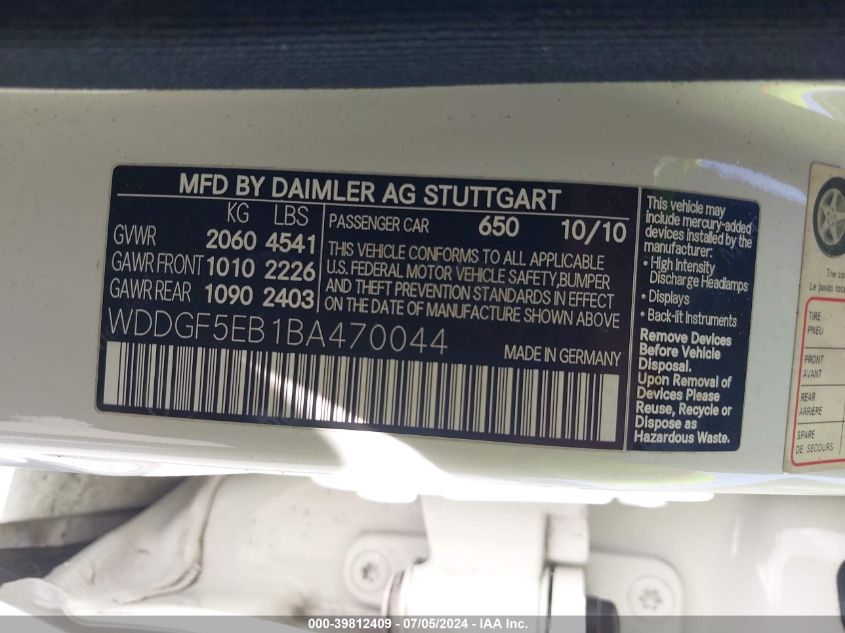 2011 Mercedes-Benz C 300 Luxury/Sport VIN: WDDGF5EB1BA470044 Lot: 39812409