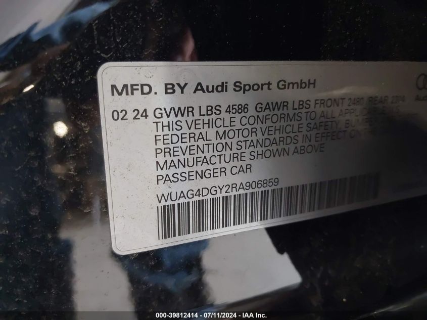 2024 Audi Rs 3 Tfsi Quattro S Tronic VIN: WUAG4DGY2RA906859 Lot: 39812414