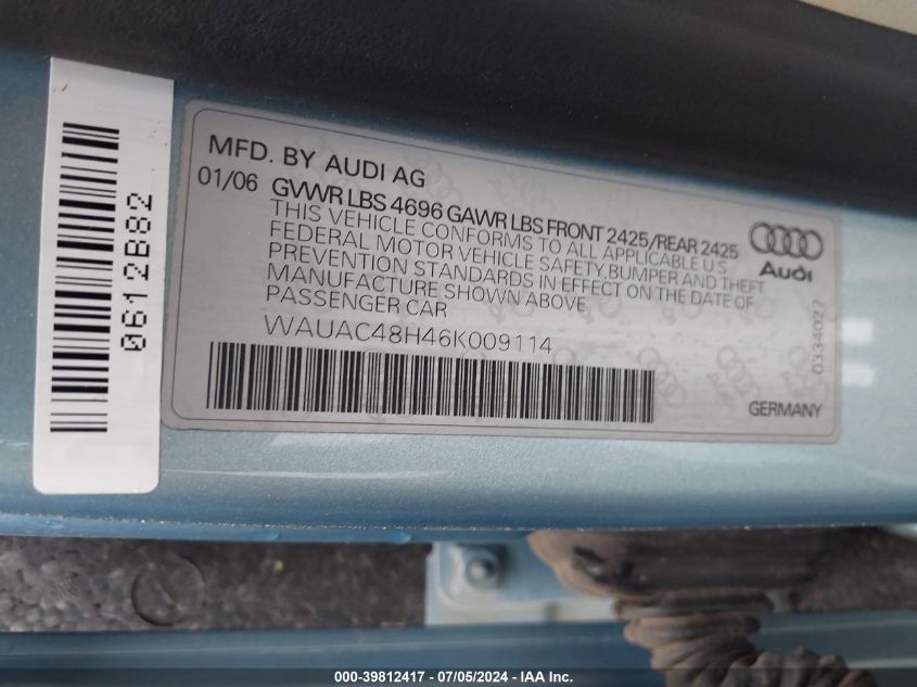 2006 Audi A4 1.8T VIN: WAUAC48H46K009114 Lot: 39812417