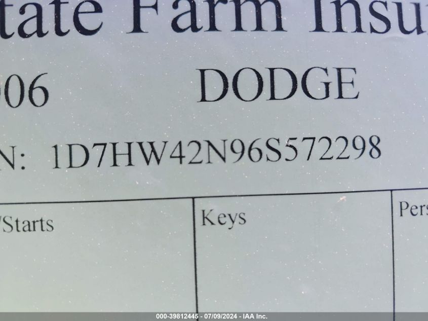 2006 Dodge Dakota Slt VIN: 1D7HW42N96S572298 Lot: 39812445