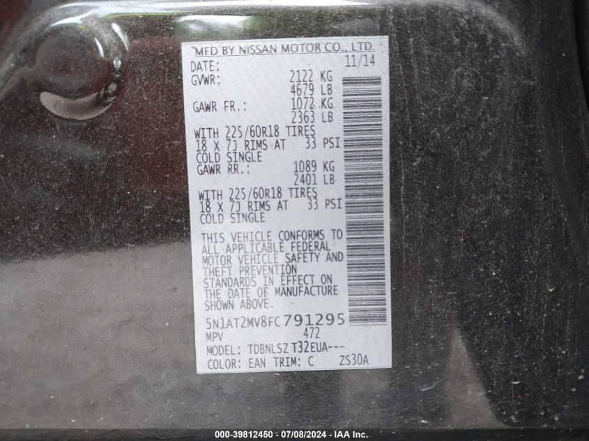 2015 Nissan Rogue S/Sl/Sv VIN: 5N1AT2MV8FC791295 Lot: 39812450