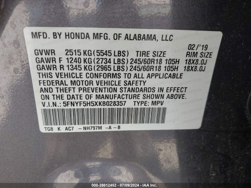 2019 Honda Pilot Ex-L VIN: 5FNYF5H5XKB028357 Lot: 39812452