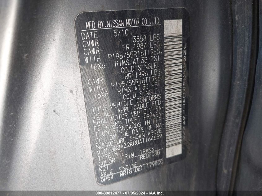 2010 Nissan Cube 1.8Sl VIN: JN8AZ2KR0AT164659 Lot: 39812477