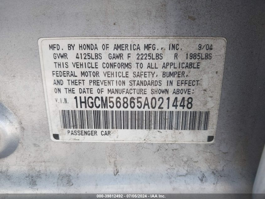 2005 Honda Accord 2.4 Ex VIN: 1HGCM56865A021448 Lot: 39812492