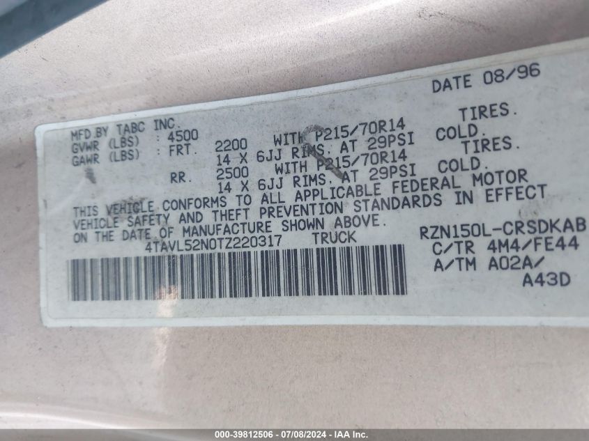 1996 Toyota Tacoma VIN: 4TAVN52N0OTZ22031 Lot: 39812506
