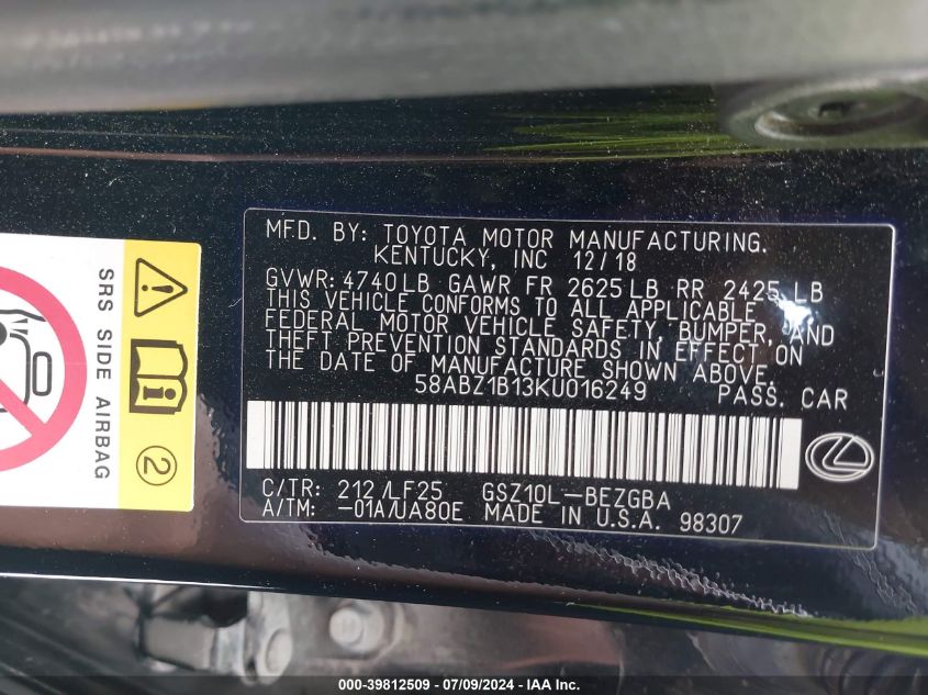 2019 Lexus Es 350 F Sport VIN: 58ABZ1B13KU016249 Lot: 39812509