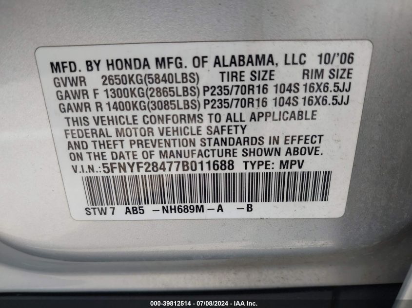2007 Honda Pilot Ex VIN: 5FNYF28477B011688 Lot: 39812514