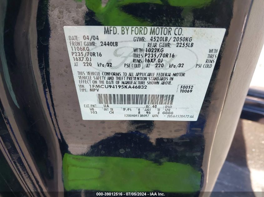 2005 Ford Escape Limited VIN: 1FMCU94195KA46832 Lot: 39812516