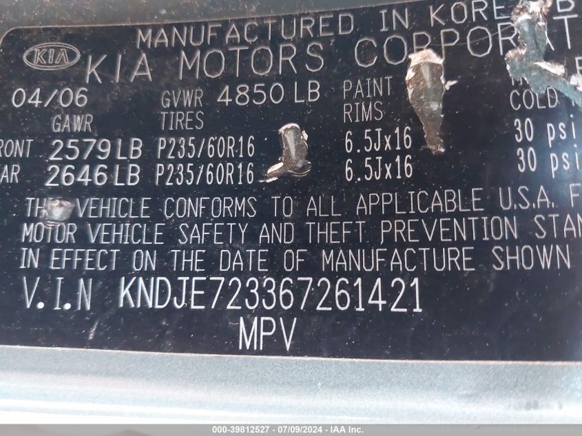 2006 Kia Sportage VIN: KNDJE723367261421 Lot: 39812527