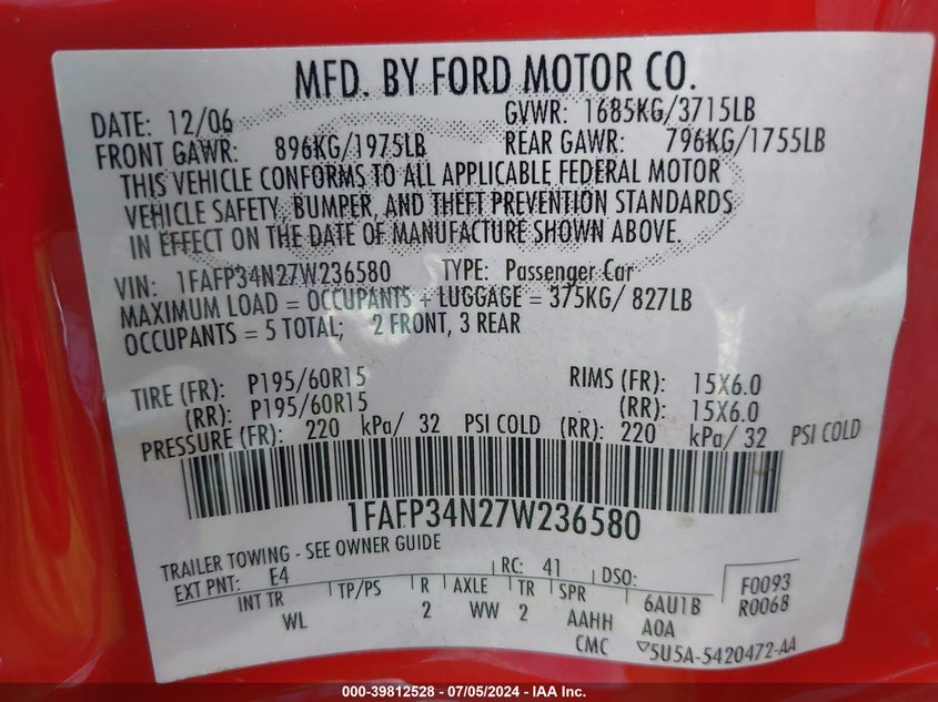 2007 Ford Focus S/Se/Ses VIN: 1FAFP34N27W236580 Lot: 39812528