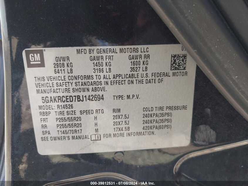 2011 Buick Enclave 2Xl VIN: 5GAKRCED7BJ142694 Lot: 39812531