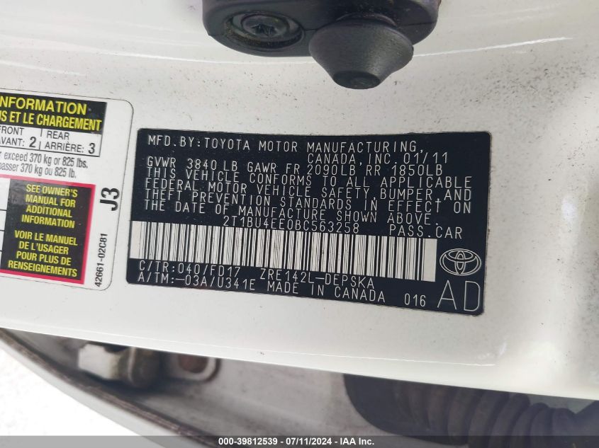 2011 Toyota Corolla S VIN: 2T1BU4EE0BC563258 Lot: 39812539