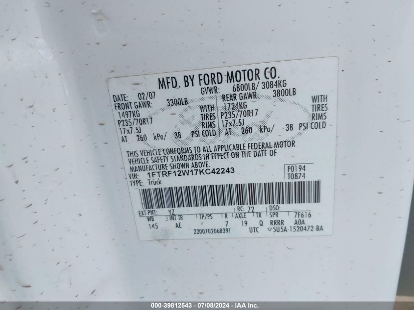 2007 Ford F-150 Stx/Xl/Xlt VIN: 1FTRF12W17KC42243 Lot: 39812543