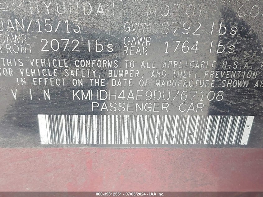 2013 Hyundai Elantra Gls VIN: KMHDH4AE9DU767108 Lot: 39812551