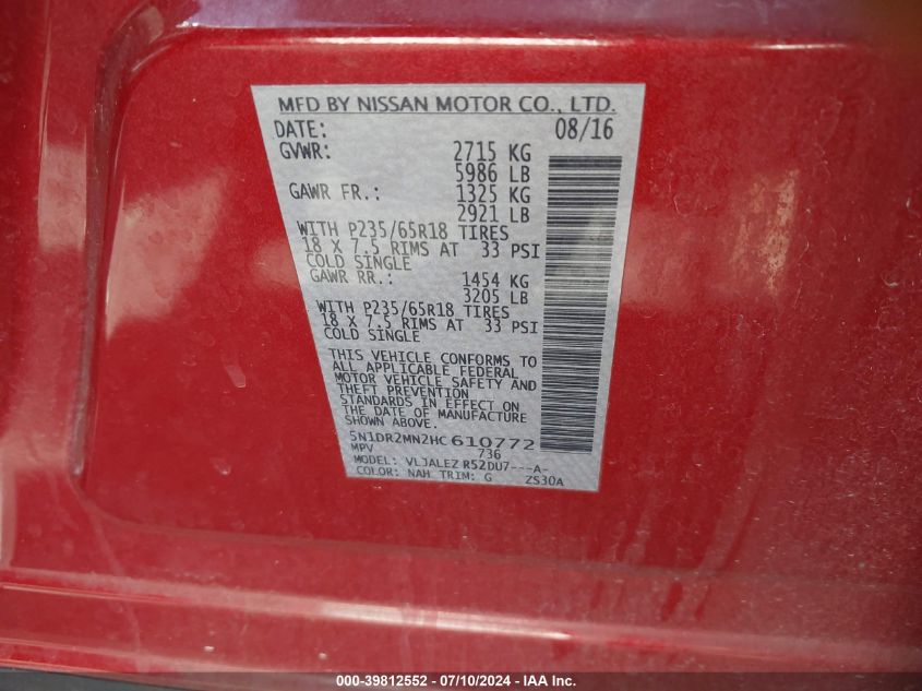 2017 Nissan Pathfinder Sv VIN: 5N1DR2MN2HC610772 Lot: 39812552