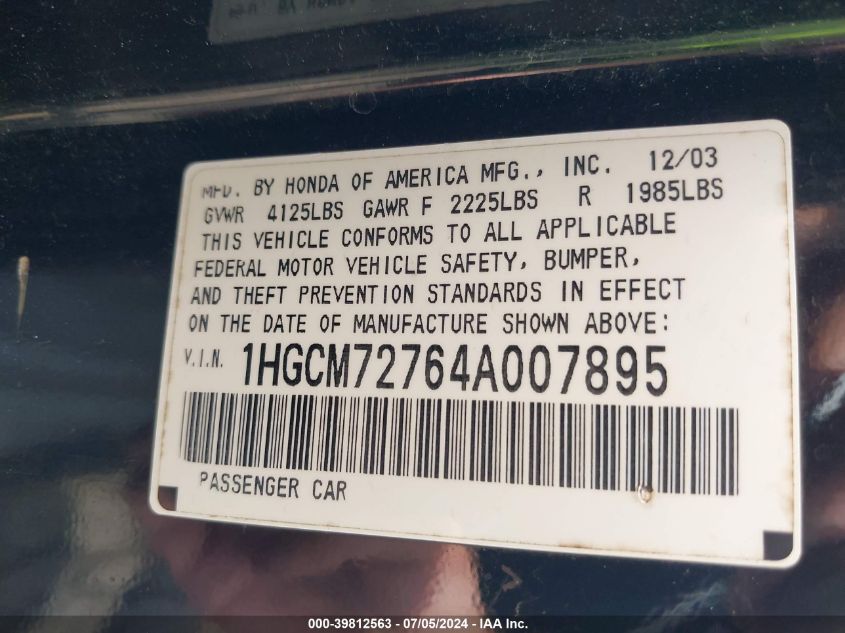 2004 Honda Accord 2.4 Ex VIN: 1HGCM72764A007895 Lot: 39812563