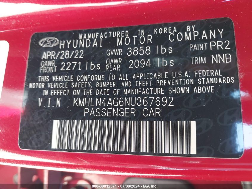 2022 Hyundai Elantra Sel VIN: KMHLN4AG6NU367692 Lot: 39812571