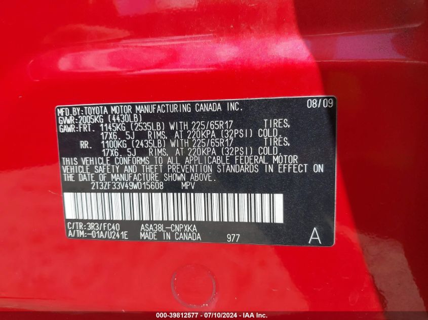 2009 Toyota Rav4 VIN: 2T3ZF33V49W015608 Lot: 39812577