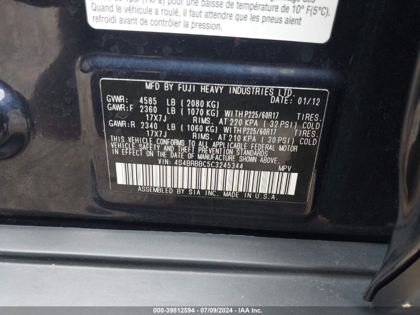 2012 Subaru Outback 2.5I Premium VIN: 4S4BRBBC5C3245344 Lot: 39812594