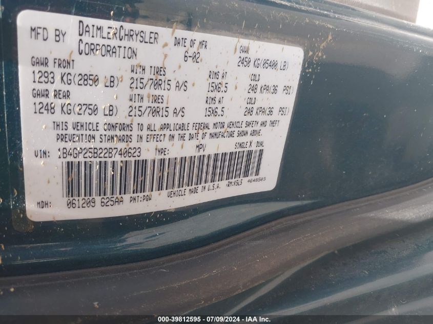 2002 Dodge Caravan Se VIN: 1B4GP25B22B740623 Lot: 39812595