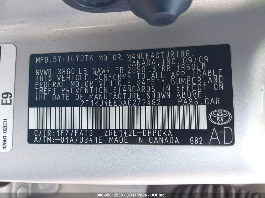 2010 Toyota Matrix VIN: 2T1KU4EE9AC272482 Lot: 39812598