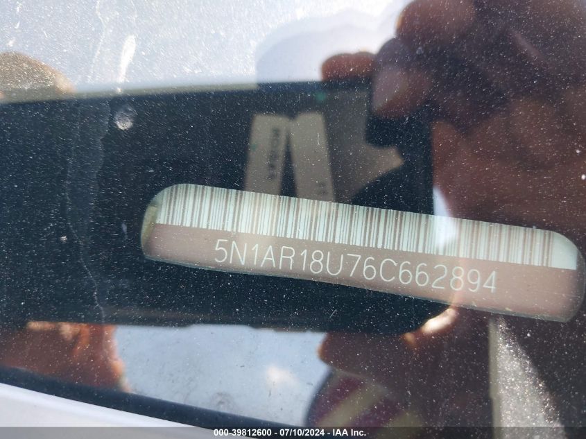 2006 Nissan Pathfinder S VIN: 5N1AR18U76C662894 Lot: 39812600