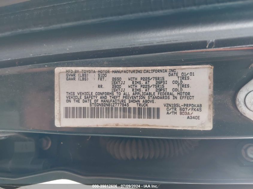 2001 Toyota Tacoma Prerunner V6 VIN: 5TEGN92N81Z777945 Lot: 39812606