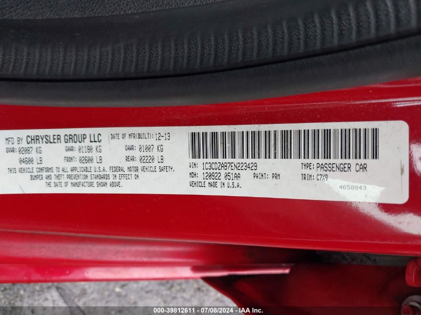 2014 Dodge Avenger Se VIN: 1C3CDZAB7EN223429 Lot: 39812611