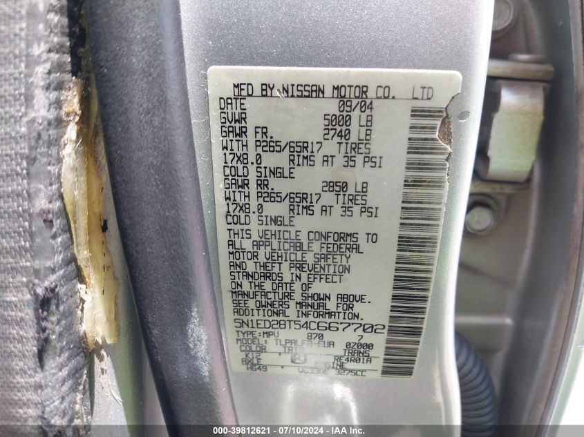 2004 Nissan Xterra Se VIN: 5N1ED28T54C667702 Lot: 39812621